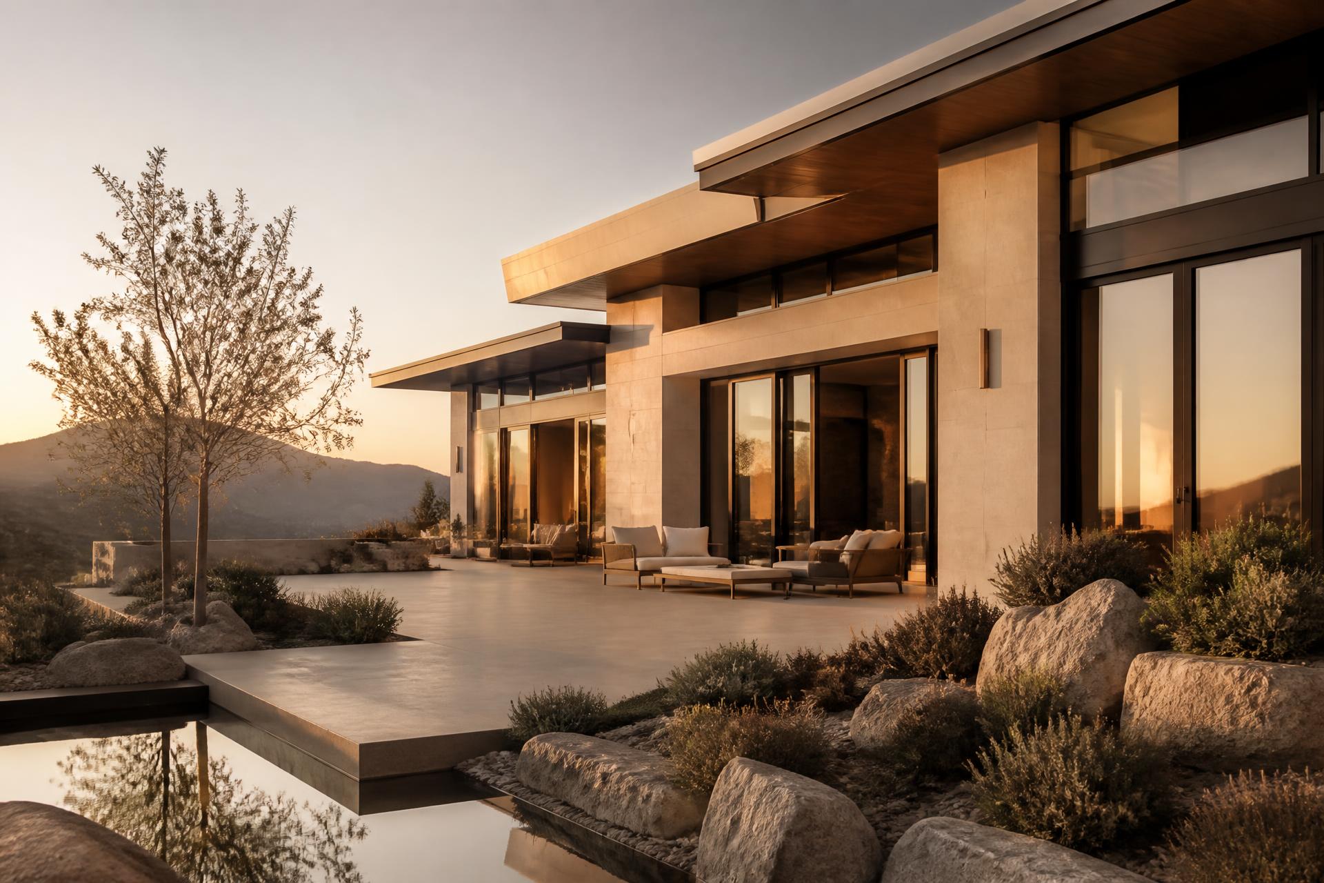 A modern luxury custom home at golden hour